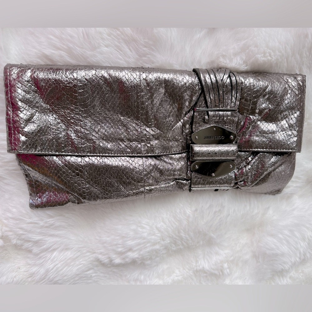 Jimmy Choo silver snakeskin fold over clutch